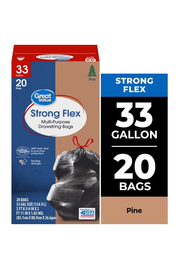 Strong Flex 33-Gallon Drawstring Multi-Purpose Trash Bags, Pine Scent, 20 Bags