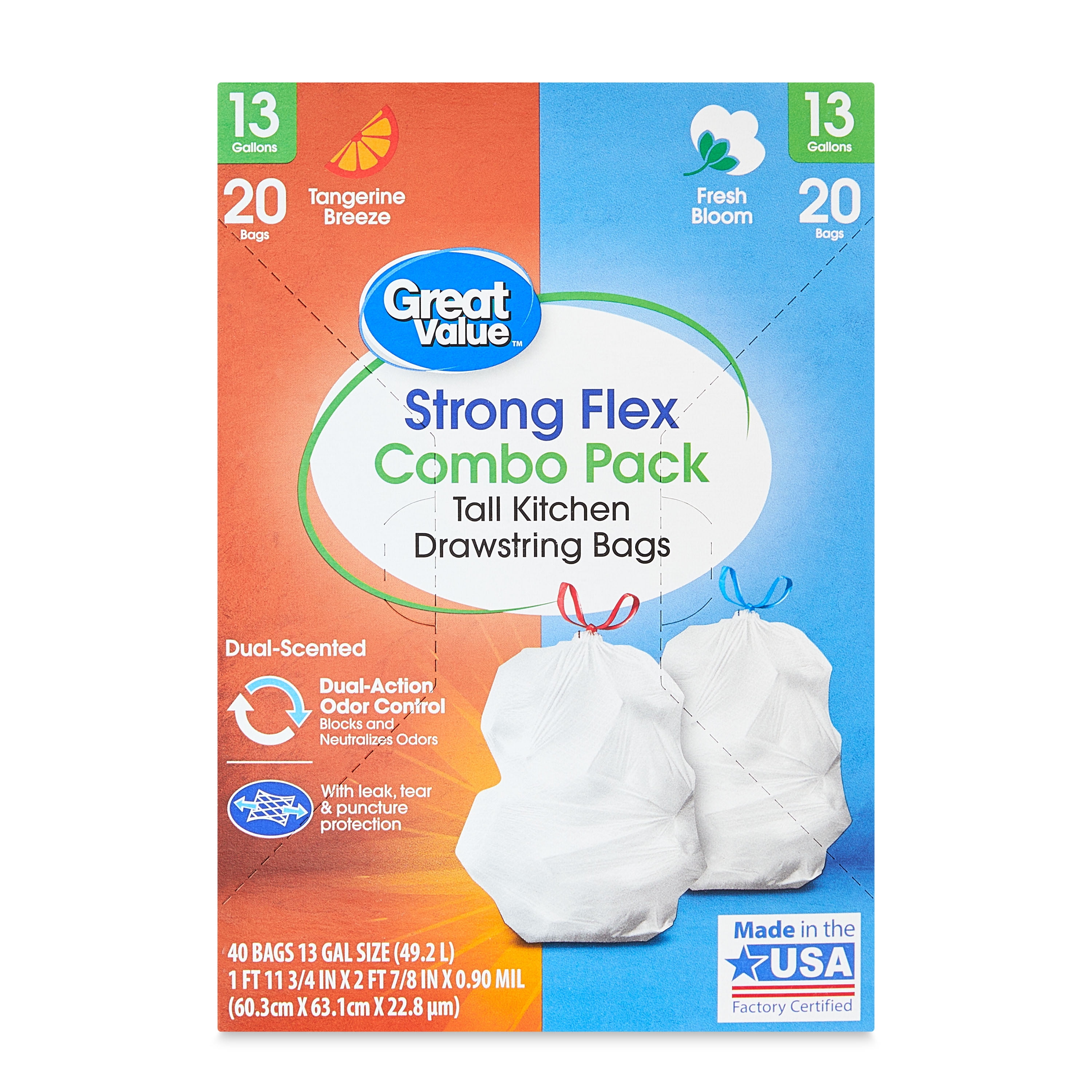 Great Value 13- Gallon Drawstring Strong Flex Tall Kitchen Trash Bags, Mint  Scent, 40 Bags 