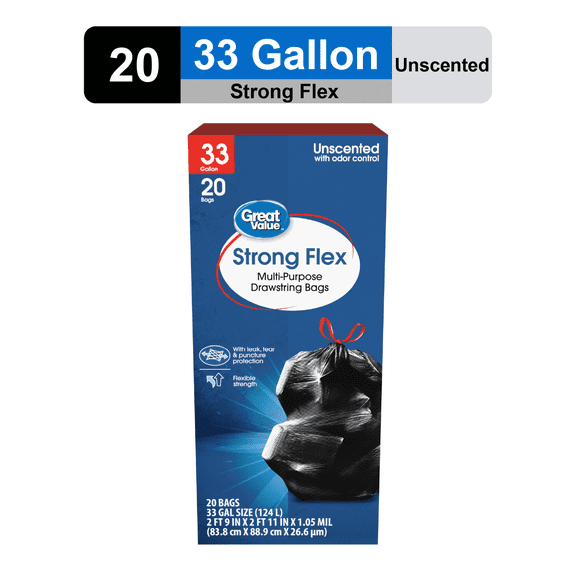 Great Value 33 Gallon Strong Flex Multi-Purpose Drawstring Bags, 20 Bags