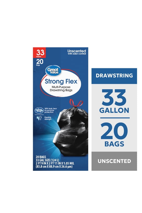 33 Gallon Strong Flex Multi-Purpose Drawstring Bags, 20 Bags