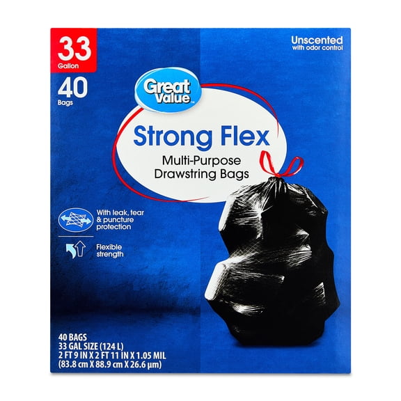 Great Value 33 Gallon Strong Flex Multi-Purpose Drawstring Bags, 40 Bags