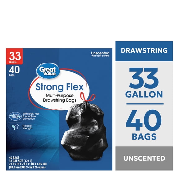 Great Value Strong Flex Multi-Purpose Drawstring Garbage Bags, 33 gal, 40 Bags