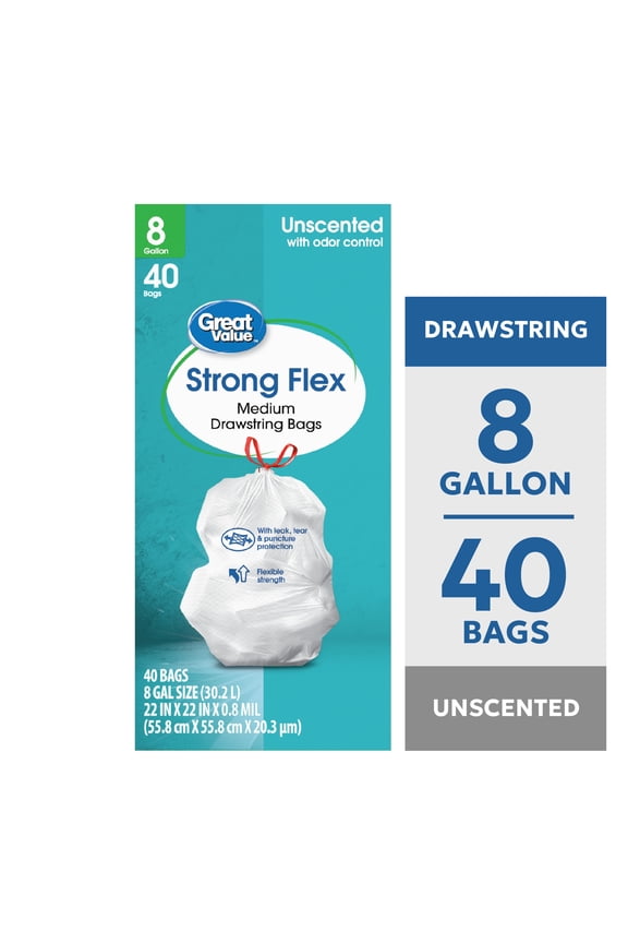 8 Gallon Strong Flex Medium Drawstring Bags, 40 Bags