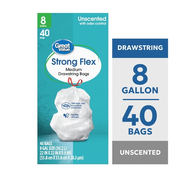 Great Value Strong Flex Medium Drawstring Garbage Bags, 8 gal, 40 Count