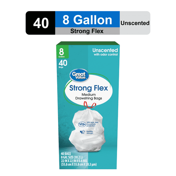 Great Value 8 Gallon Strong Flex Medium Drawstring Bags, 40 Bags