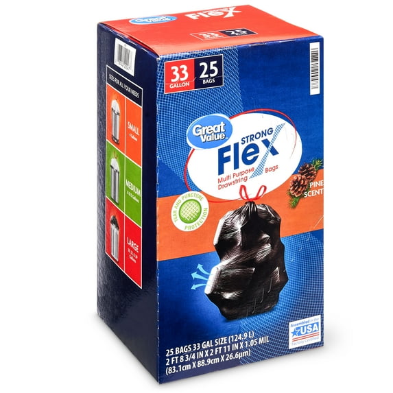 Great Value Strong Flex Multi-Purpose Drawstring Trash Bags, Pine Scent, 33 Gallon, 25 Count