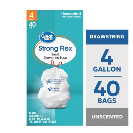 Great Value 4 Gallon Strong Flex Small Drawstring Garbage Bags, 40 Bags