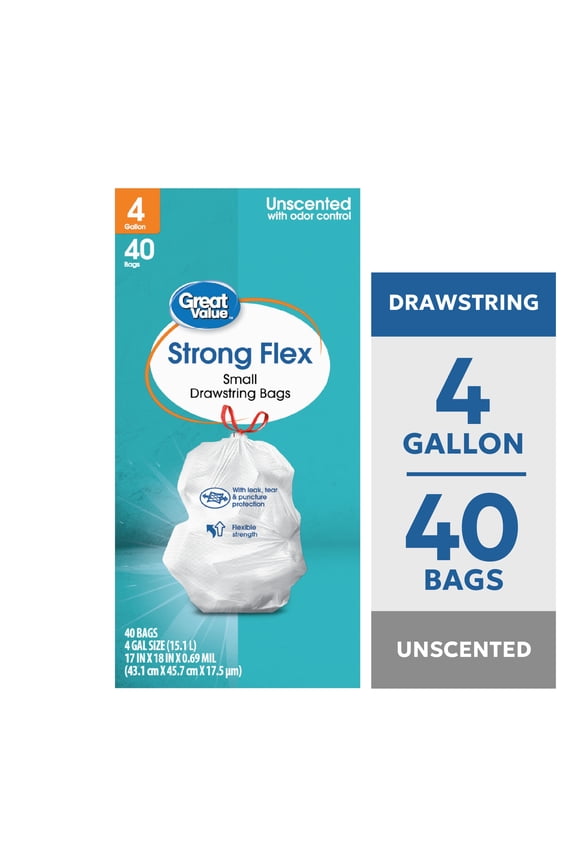 4 Gallon Strong Flex Small Drawstring Bags, 40 Bags