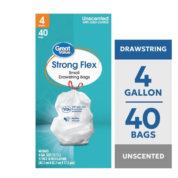 Great Value 4 Gallon Strong Flex Small Drawstring Bags, 40 Bags