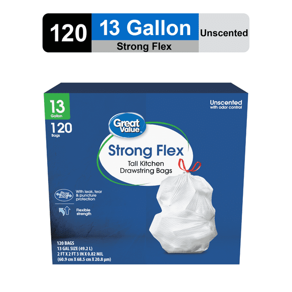 Great Value 13 Gallon Strong Flex Tall Kitchen Drawstring Bags, 120 Bags