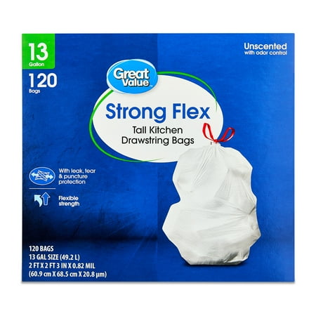 Great Value 13 Gallon Strong Flex Tall Kitchen Drawstring Bags, 120 Bags