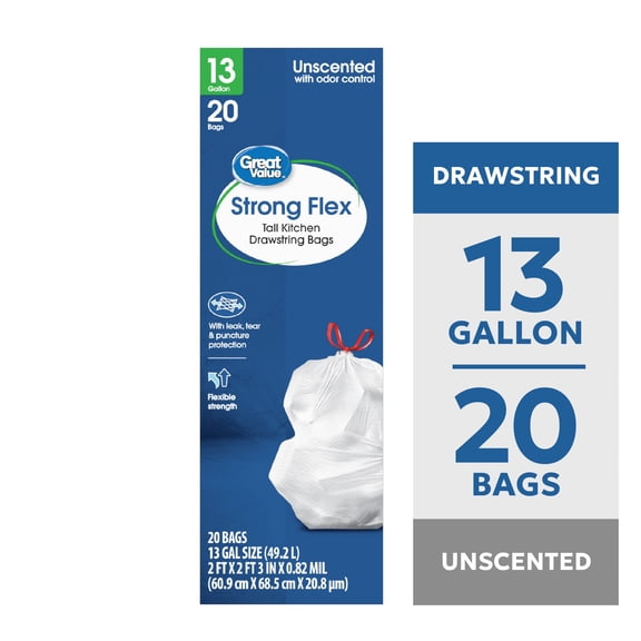 Great Value 13 Gallon Strong Flex Tall Kitchen Drawstring Bags, 20 Bags