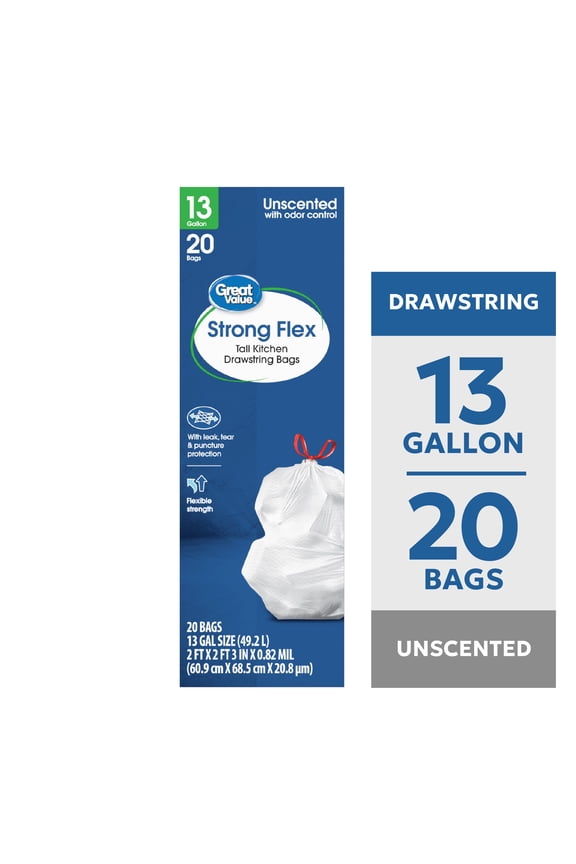 13 Gallon Strong Flex Tall Kitchen Drawstring Bags, 20 Bags