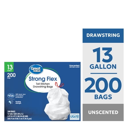 Great Value 13 Gallon Strong Flex Tall Kitchen Drawstring Bags, 200 Bags