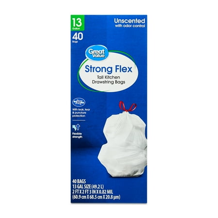 Great Value 13 Gallon Strong Flex Tall Kitchen Drawstring Bags, 40 Bags