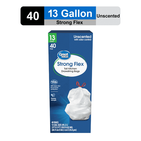Great Value 13 Gallon Strong Flex Tall Kitchen Drawstring Bags, 40 Bags