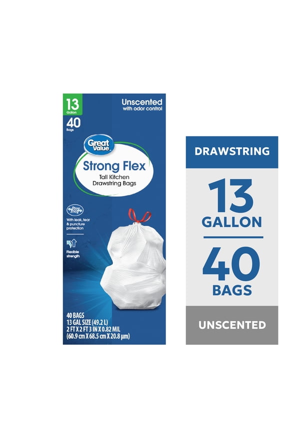 13 Gallon Strong Flex Tall Kitchen Drawstring Bags, 40 Bags