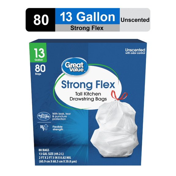 Great Value 13 Gallon Strong Flex Tall Kitchen Drawstring Bags, 80 Bags