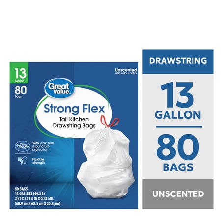 Great Value 13 gal Strong Flex Tall Kitchen Drawstring Garbage Bags, 80 Bags