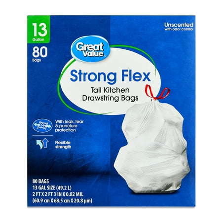 Great Value 13 Gallon Strong Flex Tall Kitchen Drawstring Bags, 80 Bags