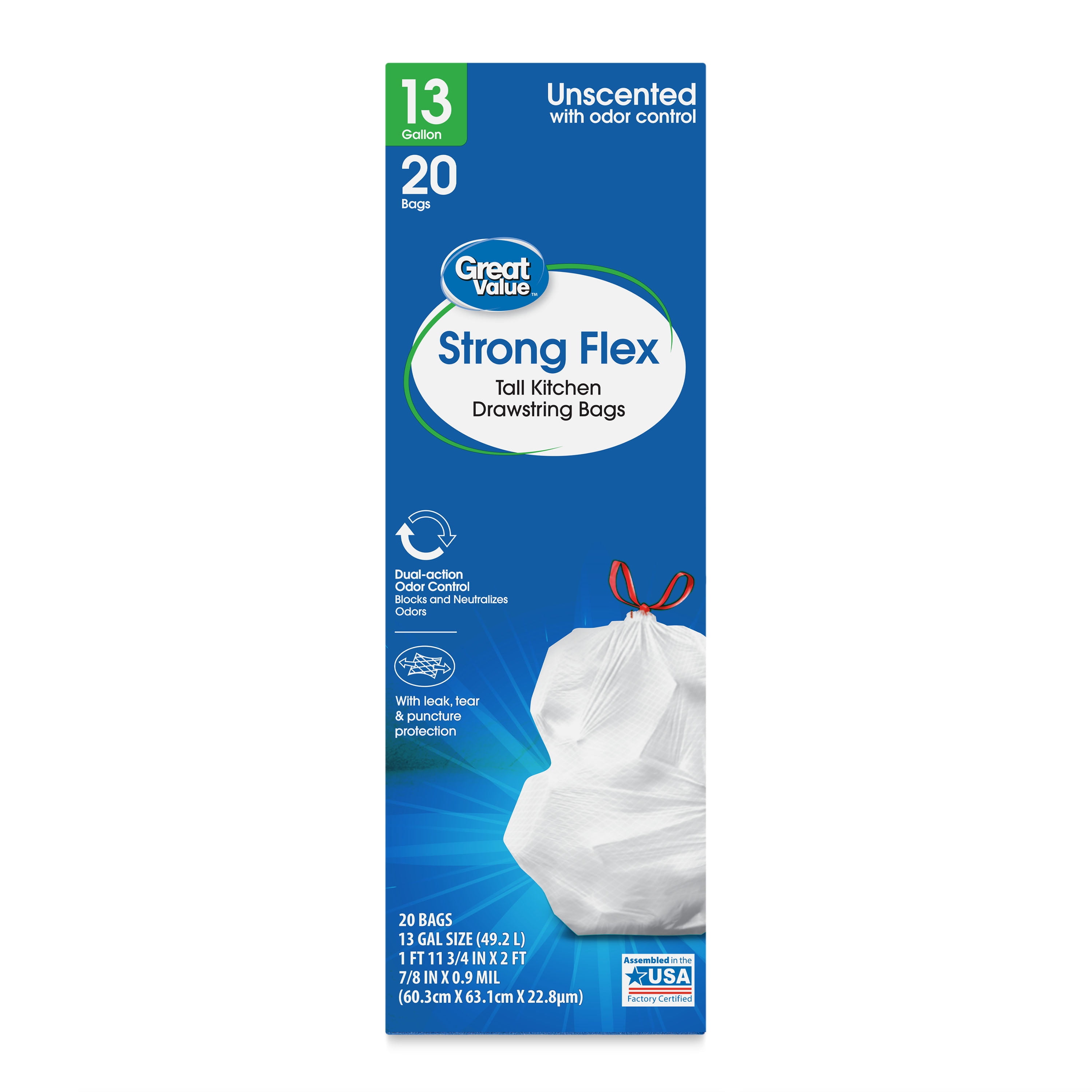 Great Value Strong Flex Tall Kitchen Drawstring Bags, Unscented, 13