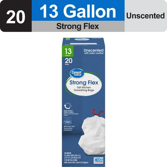 Great Value Strong Flex Tall Kitchen Drawstring Bags, Unscented, 13 Gallon, 20 Count