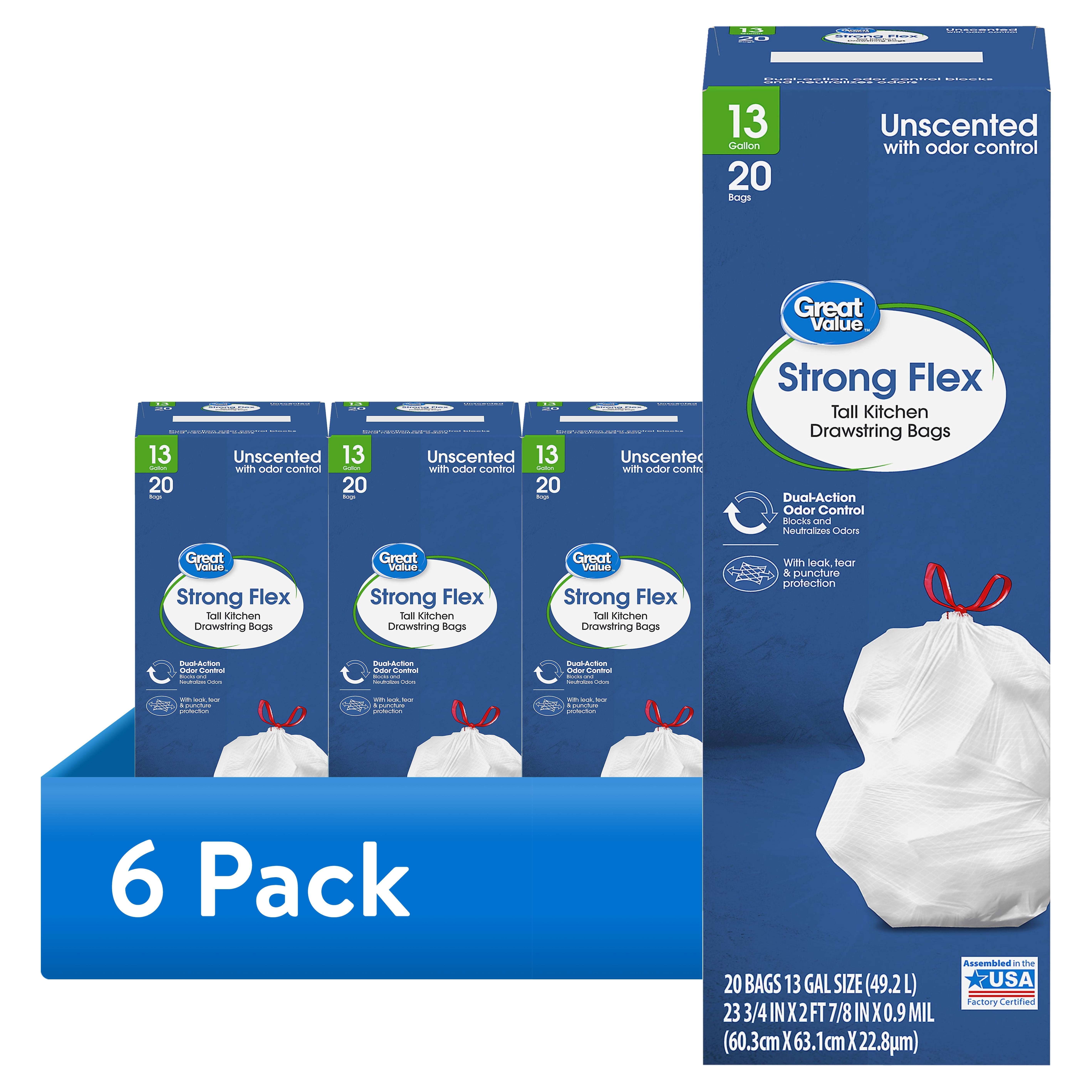 (6 pack) Great Value Strong Flex Tall Kitchen Drawstring Bags, Unscented, 13 Gallon, 20 Count