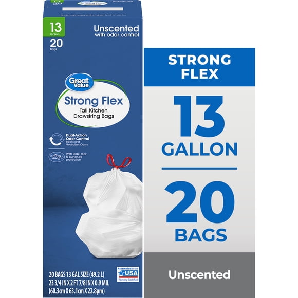 Great Value Strong Flex Tall Kitchen Drawstring Bags, Unscented, 13 Gallon, 20 Count