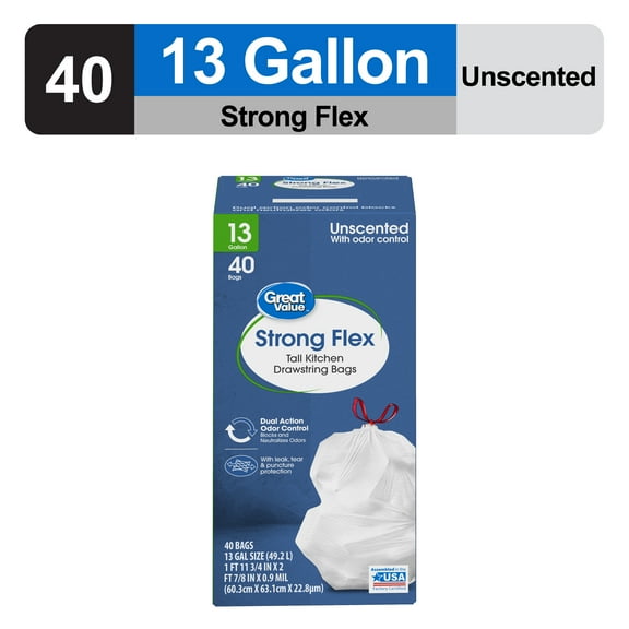 Great Value Strong Flex Tall Kitchen Drawstring Bags, Unscented, 13 Gallon, 40 Count