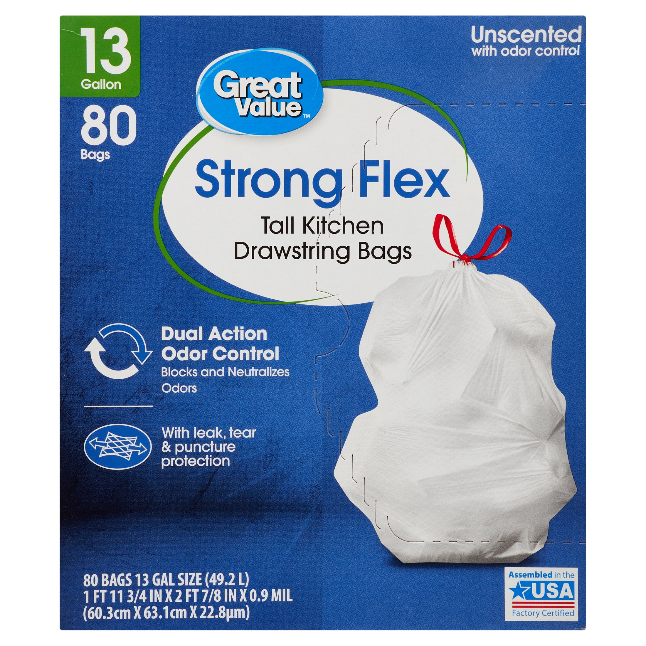 Great Value Strong Flex Tall Kitchen Drawstring Bags, Unscented, 13 Gallon, 80 Count