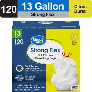 Great Value Strong Flex Tall Kitchen Drawstring Trash Bags, Citrus Burst, 13 Gallon, 120 Count