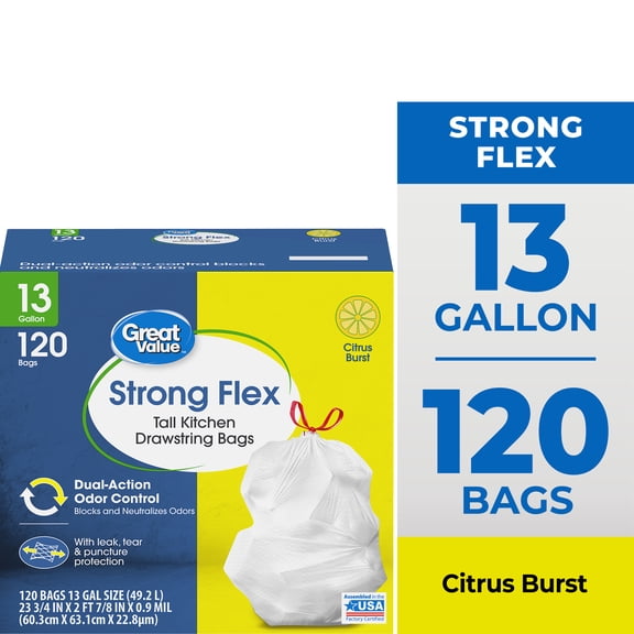 Great Value Strong Flex Tall Kitchen Drawstring Trash Bags, Citrus Burst, 13 Gallon, 120 Count