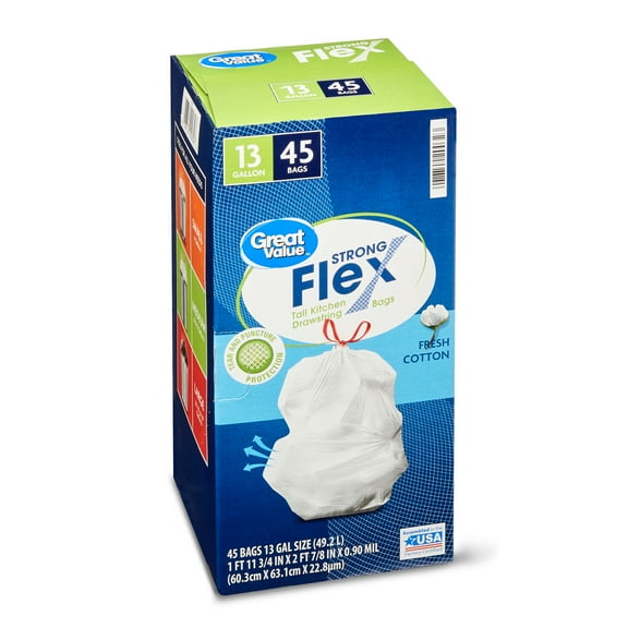 Great Value Strong Flex Tall Kitchen Drawstring Trash Bags, Fresh Cotton, 13 Gallon, 45 Count