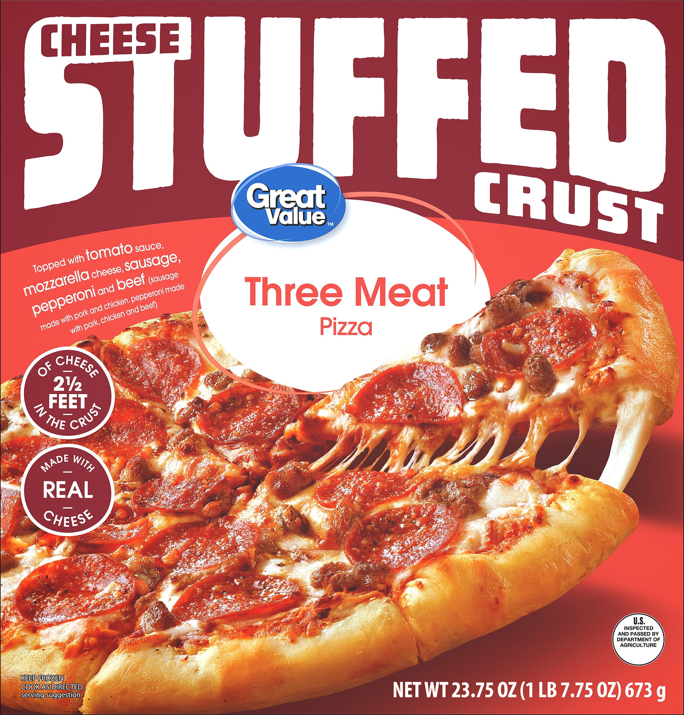 Great Value Stuffed Crust 3 Meat Pizza, Tomato Basil Garlic Sauce, 23.75 oz (Frozen)