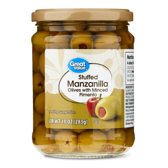Great Value Stuffed Manzanilla Olives with Minced Pimento, 10 oz