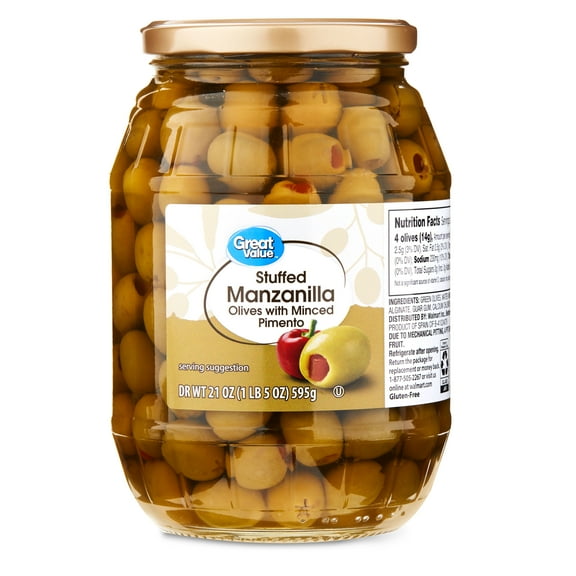 Great Value Stuffed Manzanilla Olives with Minced Pimento, 21 oz
