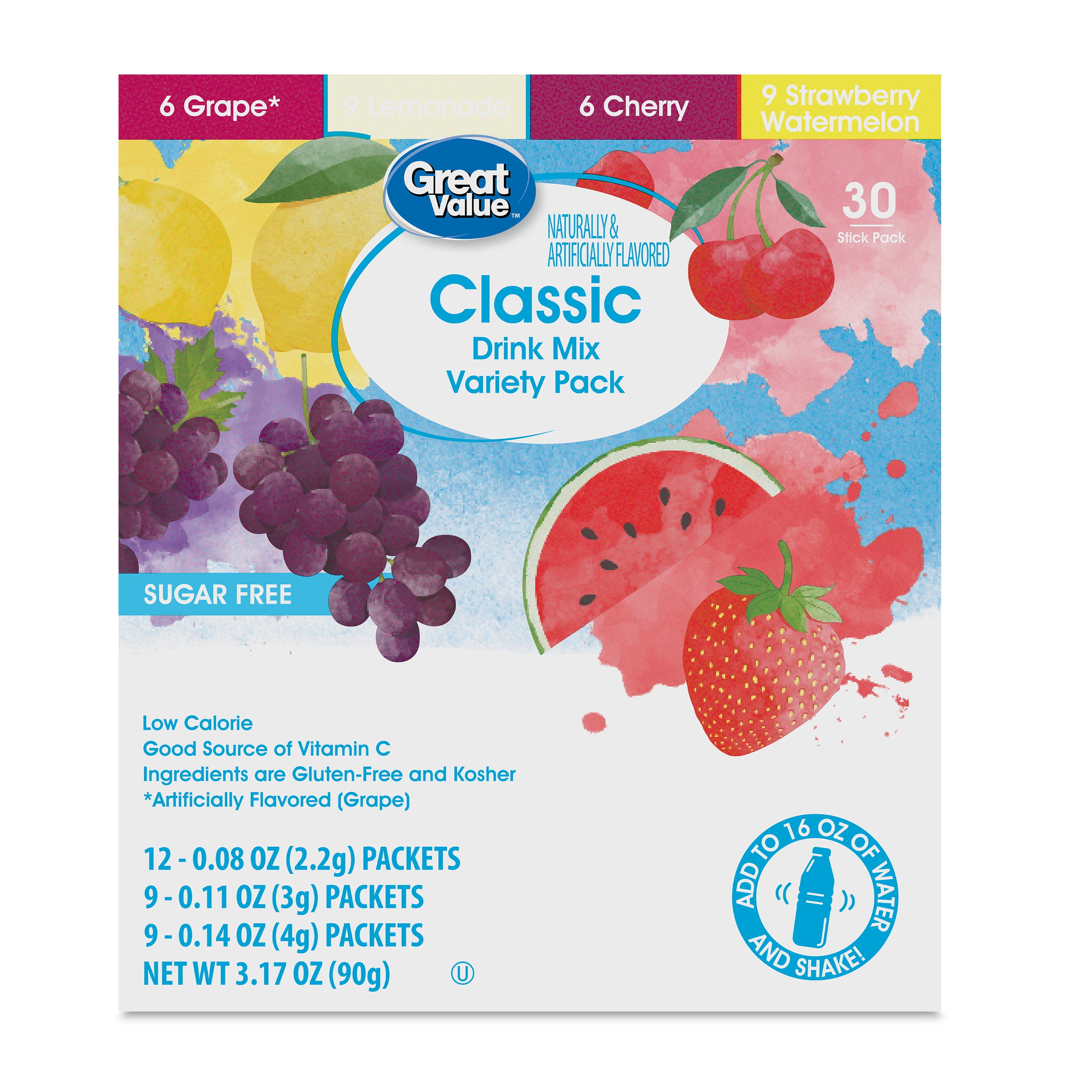 Great Value Sugar-Free Classic Variety Pack Drink Mix, 3.17 oz, 30 Count