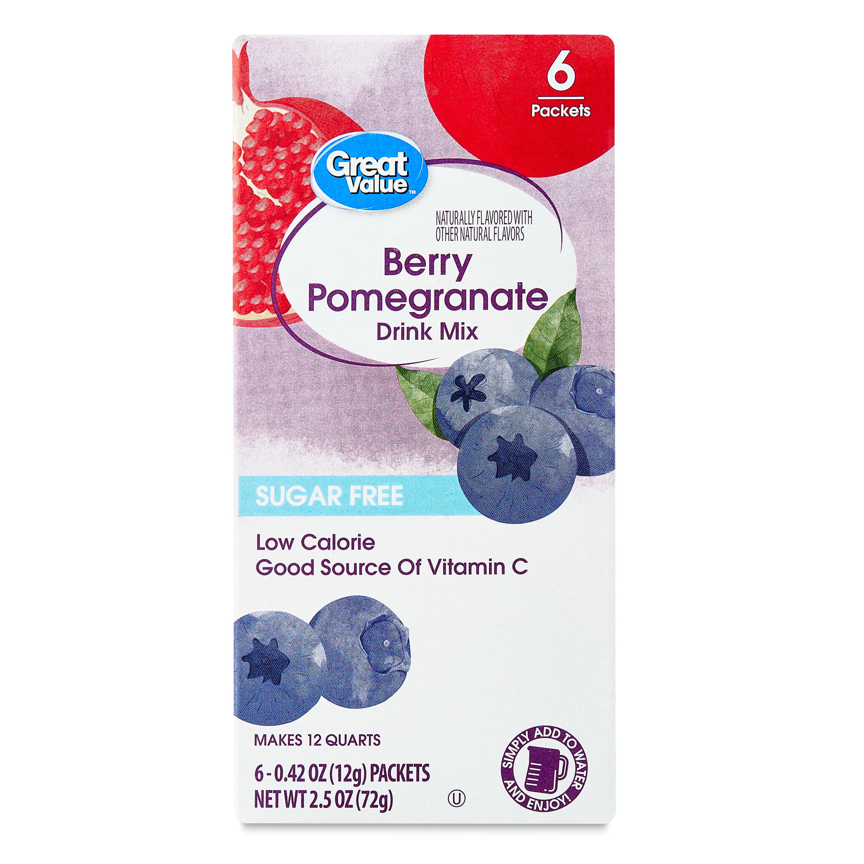 Great Value Sugar-Free Drink Mix Powder, Berry Pomegranate, 0.42 oz, 6 Count