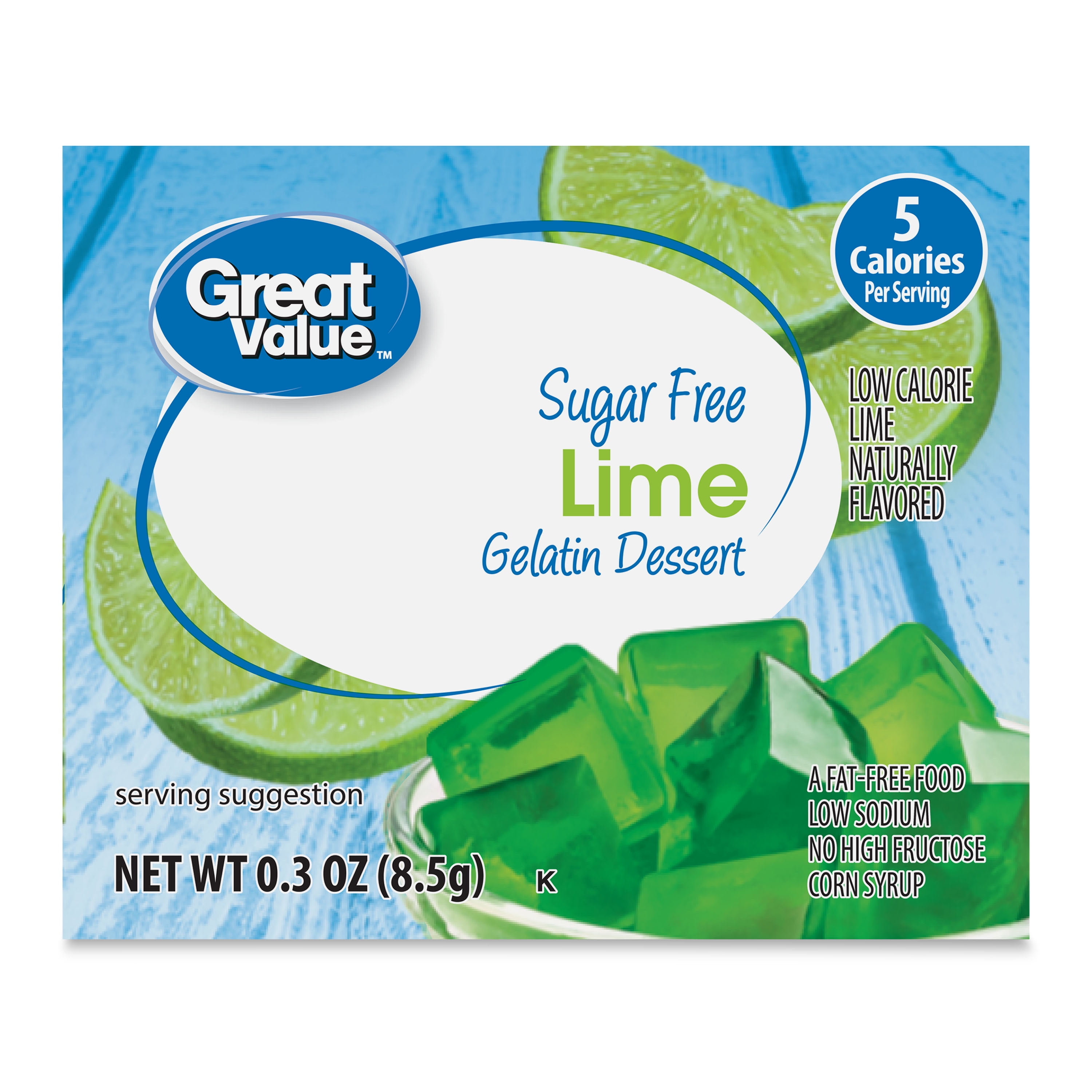 Great Value Sugar Free Lime Gelatin Dessert, 0.3 oz with 4 servings per
