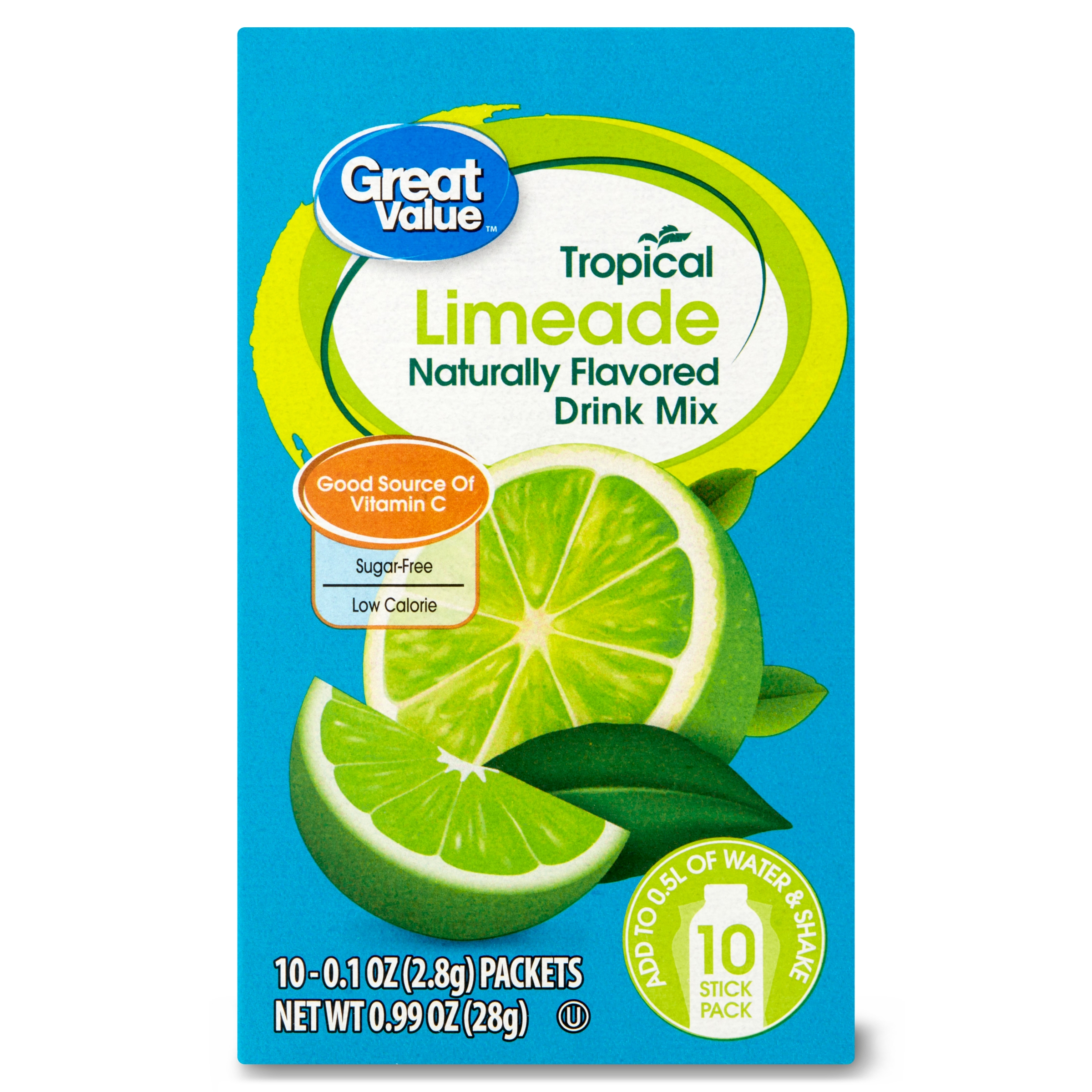 Great Value Sugar-Free Tropical Limeade Drink Mix, .99 oz, 10 Count - image 1 of 8