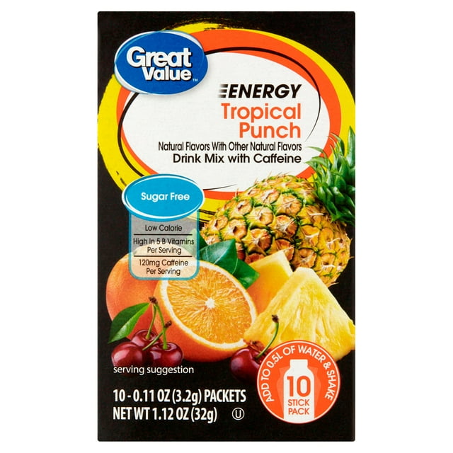 Great Value SugarFree Tropical Punch Energy Drink Mix, 1.12 oz, 10