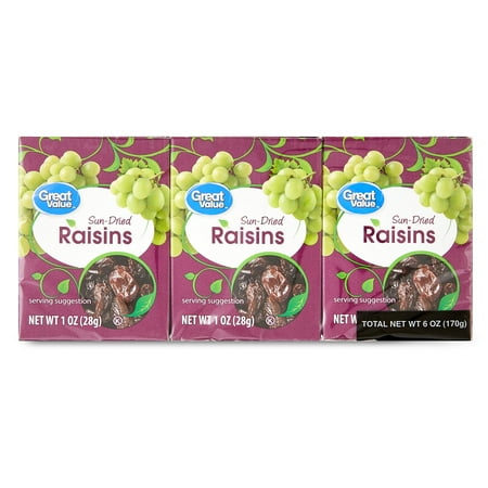 Great Value Sun-Dried Raisins 6 Pack, 6 - 1 oz (28g) Cartons