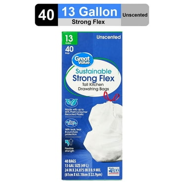 Great Value Sustainable Strong Flex 13-Gallon Drawstring Tall Kitchen Trash Bags, 40 Bags