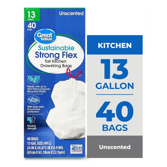 Great Value Sustainable Strong Flex 13-Gallon Drawstring Tall Kitchen Trash Bags, 40 Bags