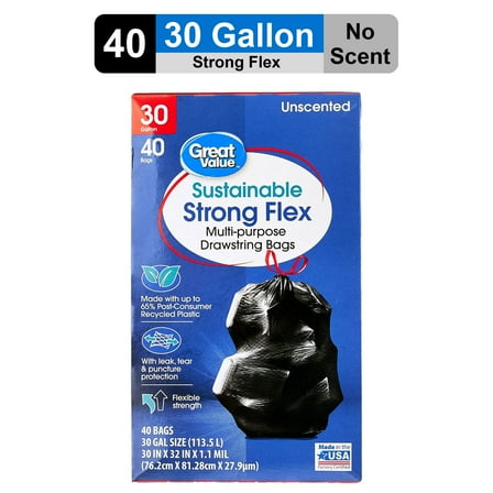 Great Value Sustainable Strong Flex Multi-Purpose Drawstring Bags, 30 Gallon, 40 Count