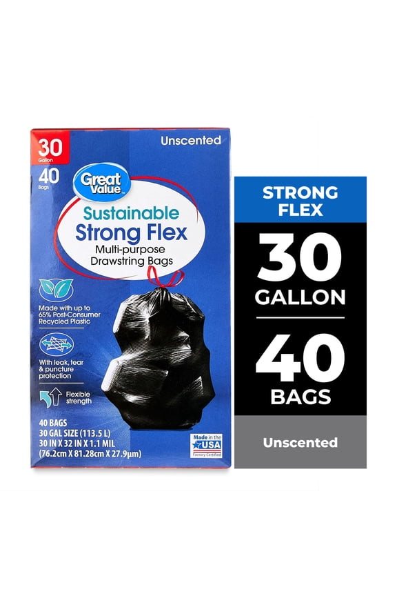 Sustainable Strong Flex Multi-Purpose Drawstring Bags, 30 Gallon, 40 Count