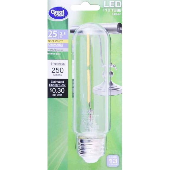 Great Value T10 Tube Light Bulb, 2.5 Watts (25W Equiv),  Soft White, Dimmable  Medium Base,1 Pack
