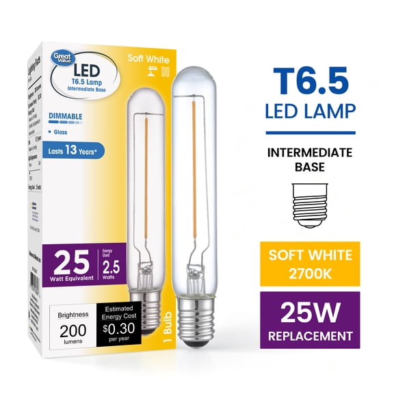 Great Value T6.5 LED Tubular Bulb, 2.5W (25W Equivalent), E17 Intermediate Base, Dimmable, Soft White, 1-Pack