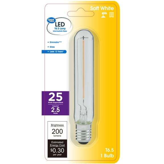 Great Value T6.5 LED Tubular Bulb, 2.5-Watt (25W Equivalent) E17 Base Dimmable Soft White 1-Pack