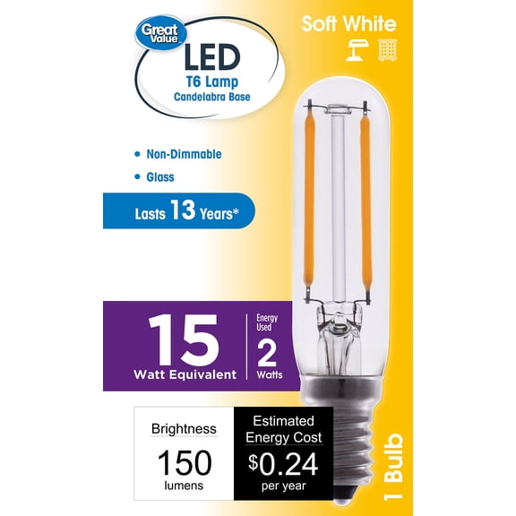 Great Value T6 Tubular LED Light Bulb, 2W (15W Equivalent), Soft White, E12 Candelabra Base, Non-Dimmable